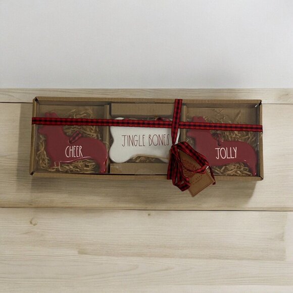 New Rae Dunn Set Of 3 Dog Ornaments Cheer, Jingle Bones, Jolly Red White NEW - Picture 2 of 7